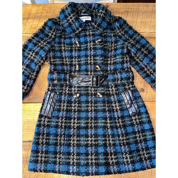 Womens Steve Madden Blue Plaid Tweed Belted Faux Leather Trim Buttons Coat L - Picture 1 of 12